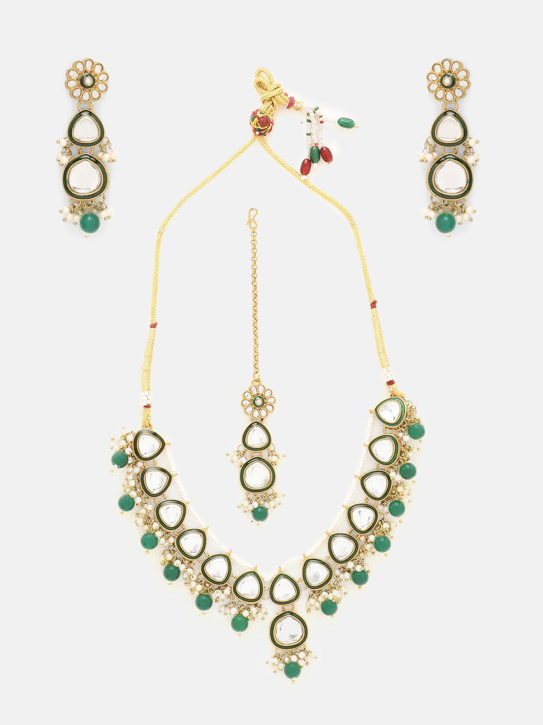 Priyaasi Green Bead Drop Shape Kundan Design Necklace Floral mini Pearls with maangtika Jewellery Set