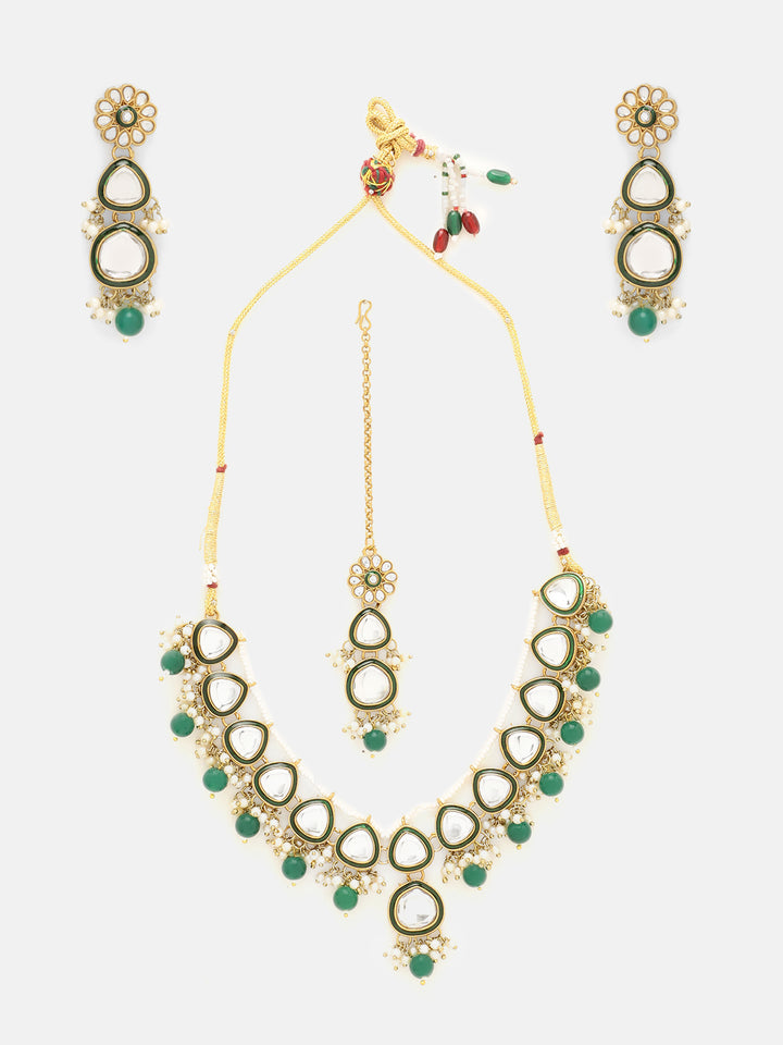 Priyaasi Green Bead Drop Shape Kundan Design Necklace Floral mini Pearls with maangtika Jewellery Set
