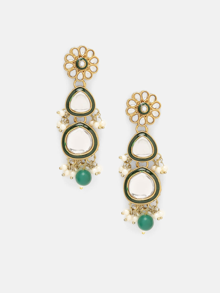 Priyaasi Green Bead Drop Shape Kundan Design Necklace Floral mini Pearls with maangtika Jewellery Set