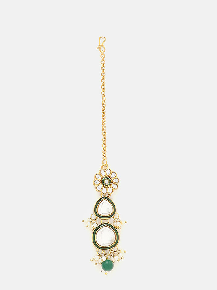 Priyaasi Green Bead Drop Shape Kundan Design Necklace Floral mini Pearls with maangtika Jewellery Set