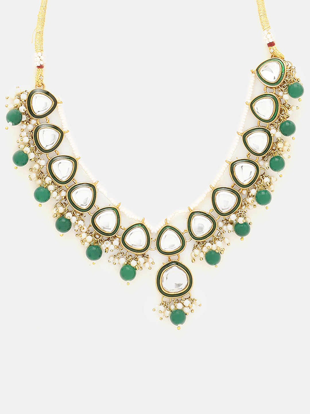 Priyaasi Green Bead Drop Shape Kundan Design Necklace Floral mini Pearls with maangtika Jewellery Set