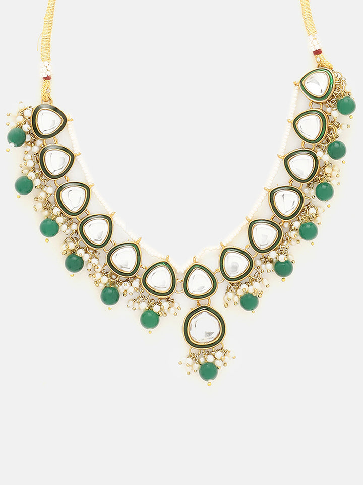Priyaasi Green Bead Drop Shape Kundan Design Necklace Floral mini Pearls with maangtika Jewellery Set