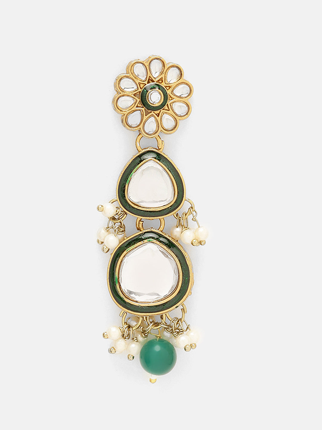 Priyaasi Green Bead Drop Shape Kundan Design Necklace Floral mini Pearls with maangtika Jewellery Set