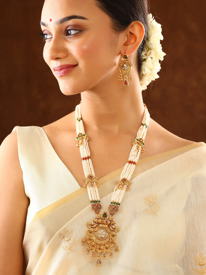 Floral Gold Plated Elegance Long Haram Necklace with Drop Earrings Jewellery Set