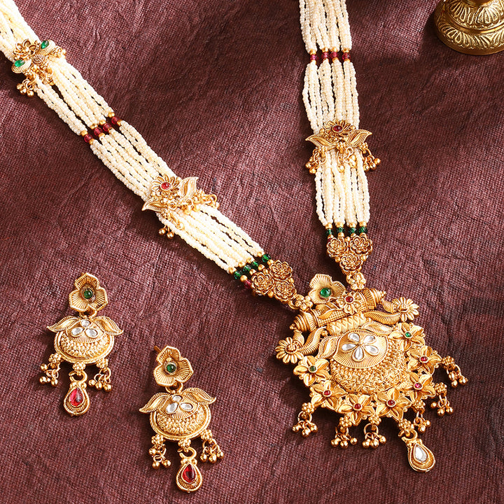 Floral Gold Plated Elegance Long Haram Necklace with Drop Earrings Jewellery Set