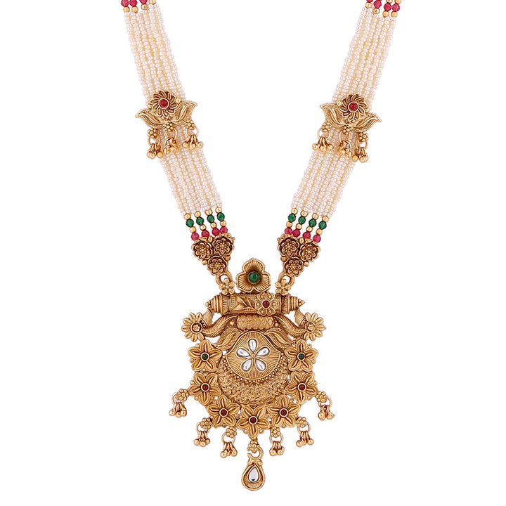 Floral Gold Plated Elegance Long Haram Necklace with Drop Earrings Jewellery Set