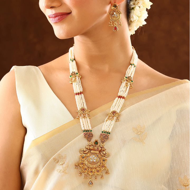 Floral Gold Plated Elegance Long Haram Necklace with Drop Earrings Jewellery Set