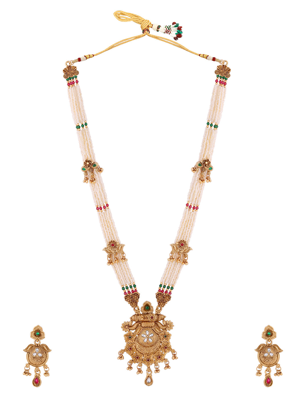 Floral Gold Plated Elegance Long Haram Necklace with Drop Earrings Jewellery Set