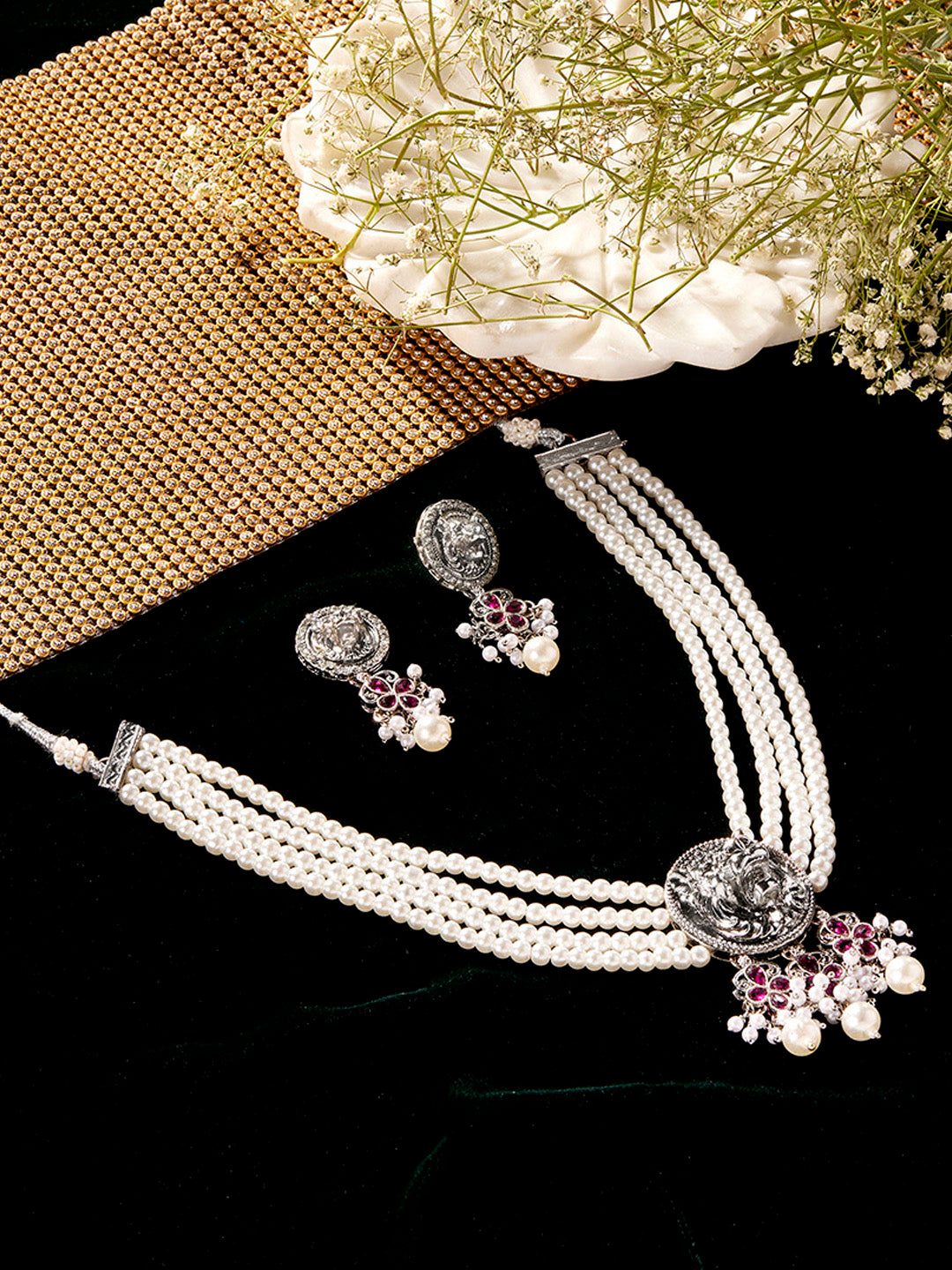 Priyaasi Oxidized Lion Face Pink Stone Pearl Necklace with Drop Earring Jewellery Set