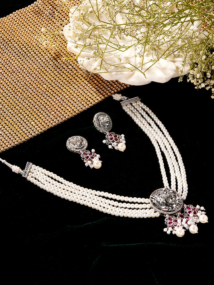 Priyaasi Oxidized Lion Face Pink Stone Pearl Necklace with Drop Earring Jewellery Set