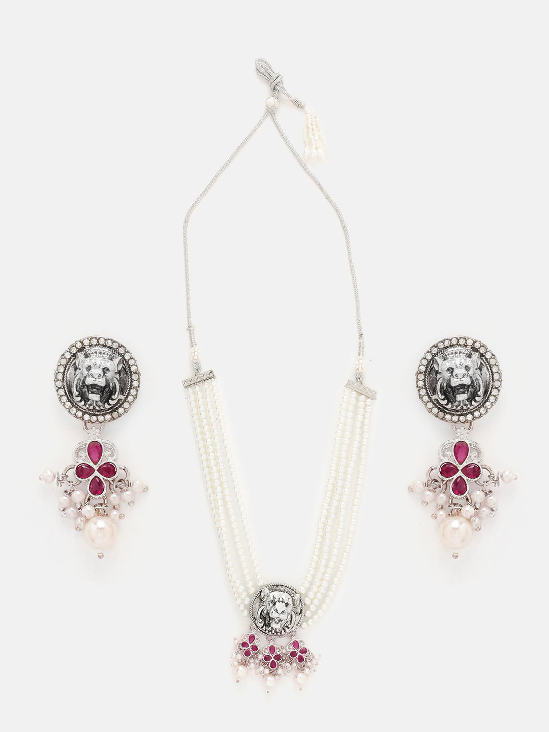 Priyaasi Oxidized Lion Face Pink Stone Pearl Necklace with Drop Earring Jewellery Set