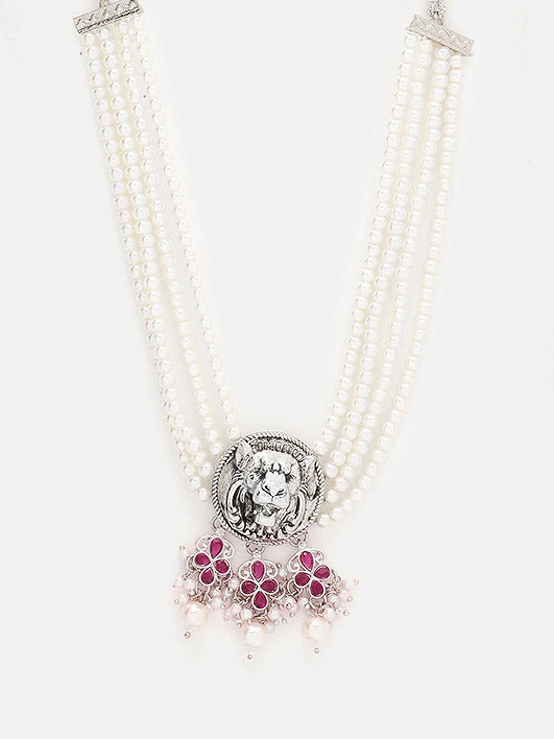 Priyaasi Oxidized Lion Face Pink Stone Pearl Necklace with Drop Earring Jewellery Set