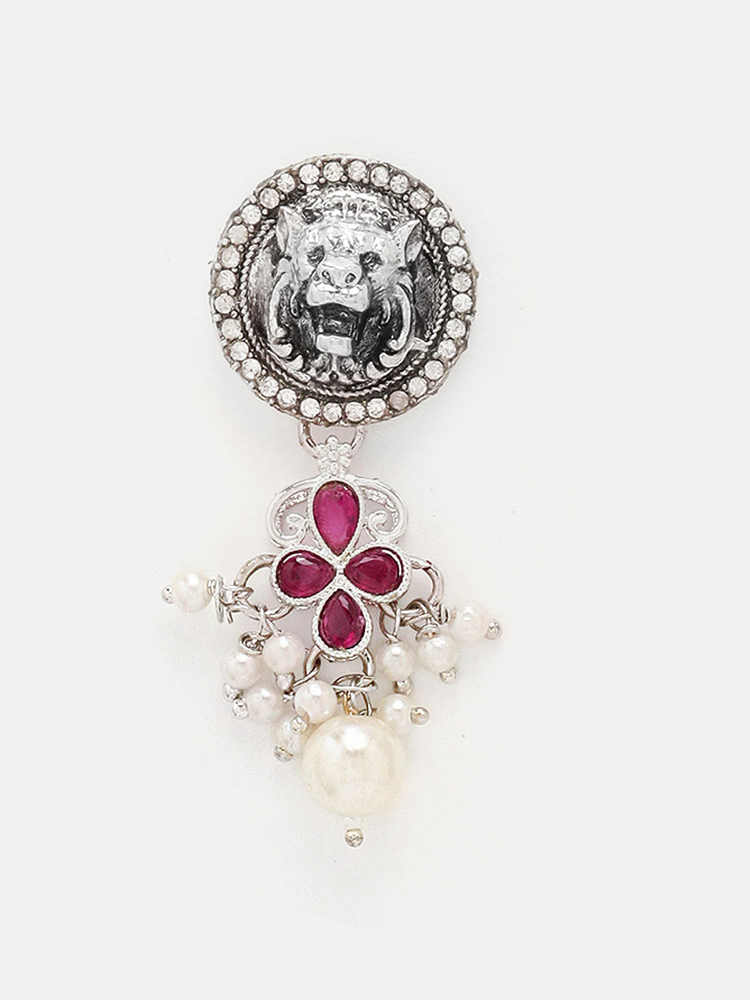 Priyaasi Oxidized Lion Face Pink Stone Pearl Necklace with Drop Earring Jewellery Set