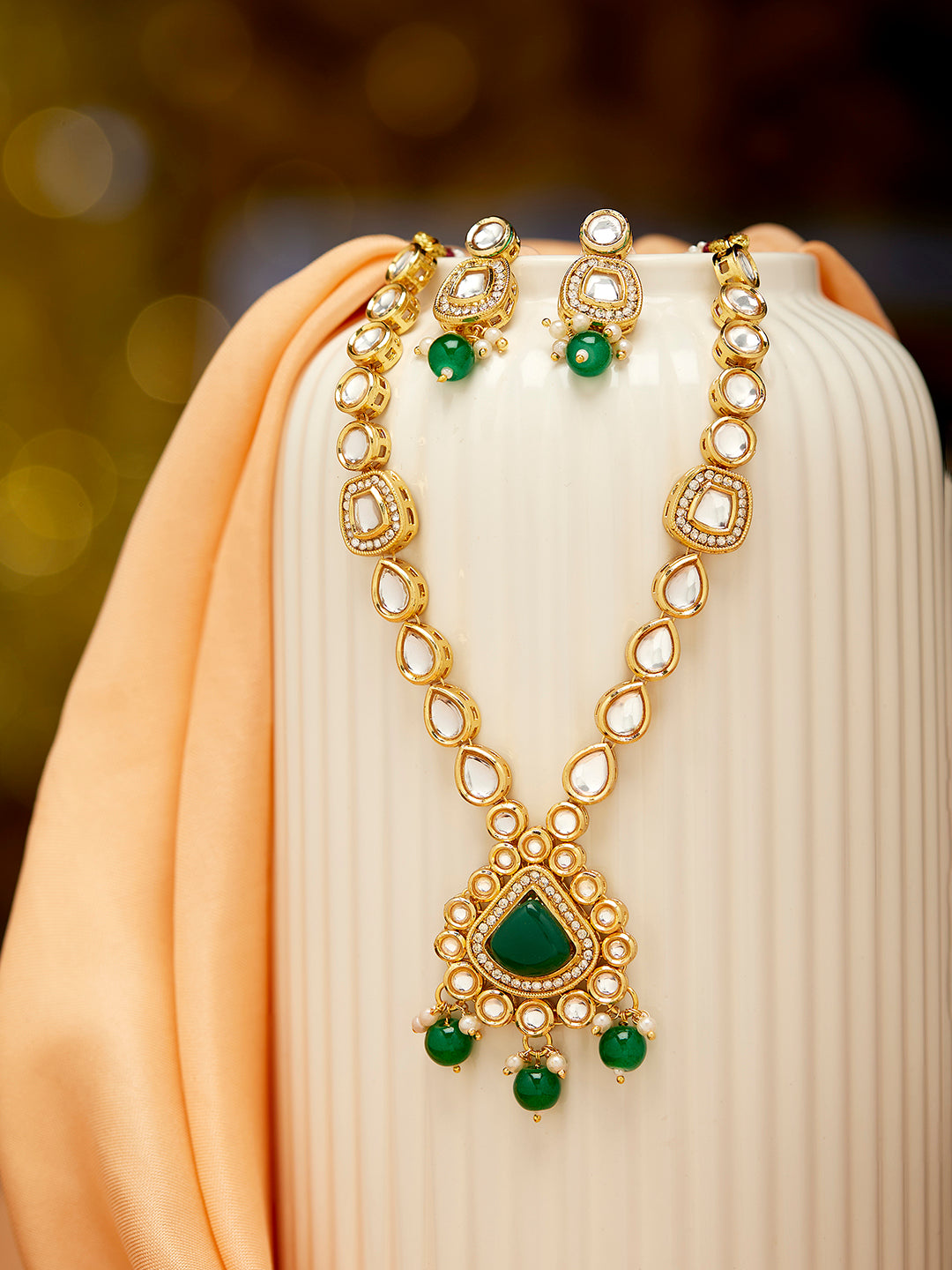 Priyaasi Green Stone Kundan Simple Necklace with Drop Pattern Green Bead Earring Jewellery Set