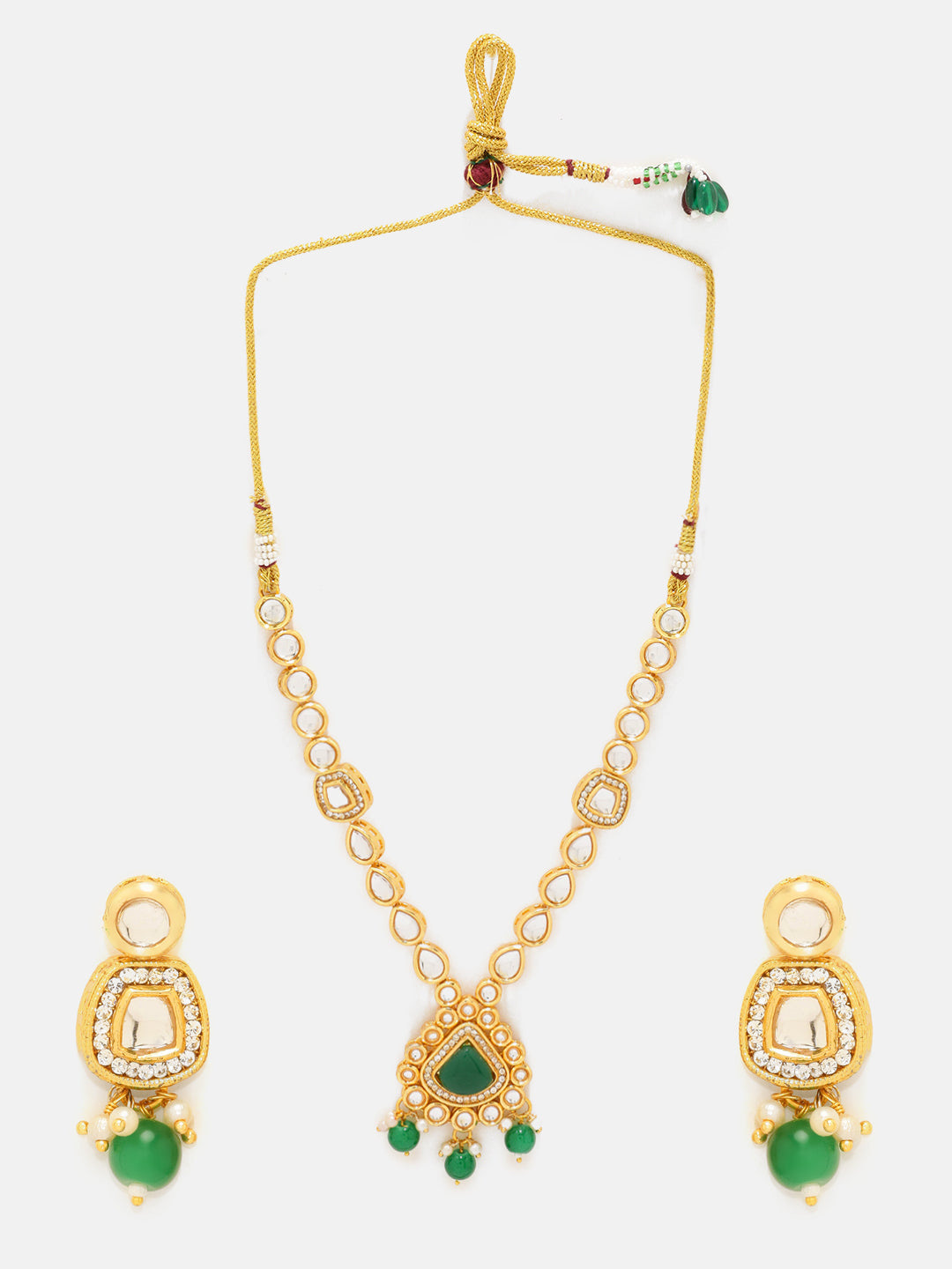 Priyaasi Green Stone Kundan Simple Necklace with Drop Pattern Green Bead Earring Jewellery Set