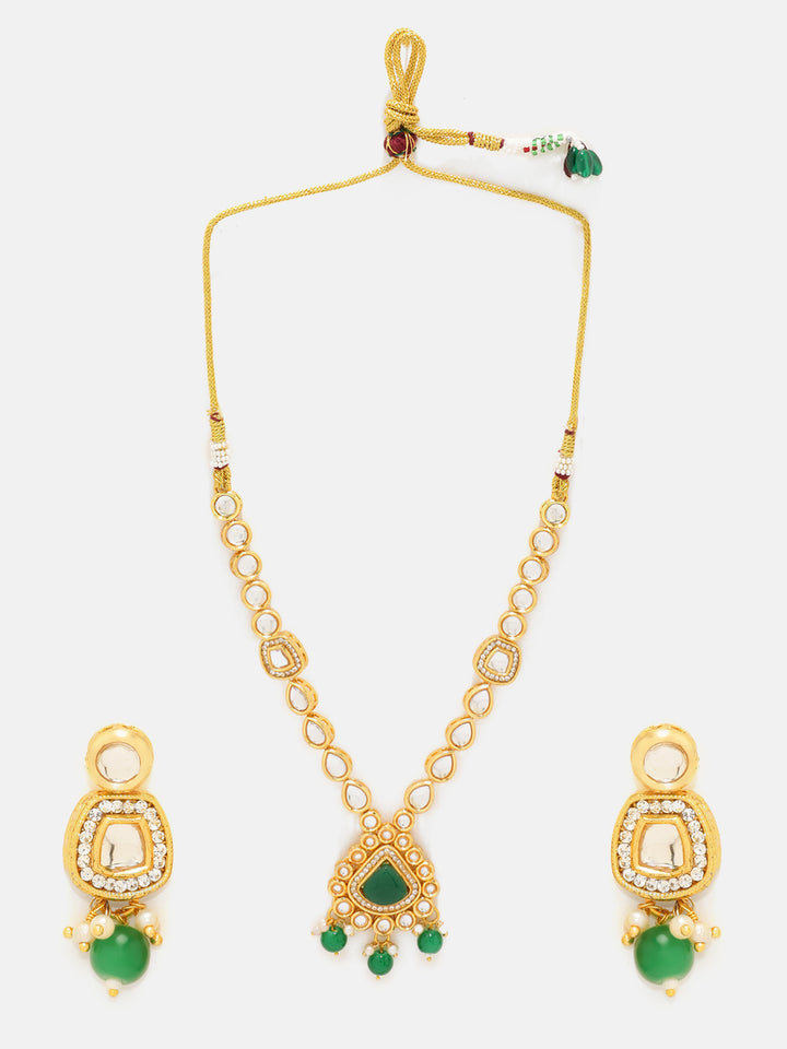 Priyaasi Green Stone Kundan Simple Necklace with Drop Pattern Green Bead Earring Jewellery Set