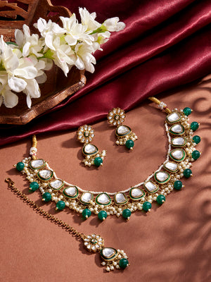 Priyaasi Green Drop Design Kundan Gold Plated Necklace Floral Drop Earrings with Maangtika