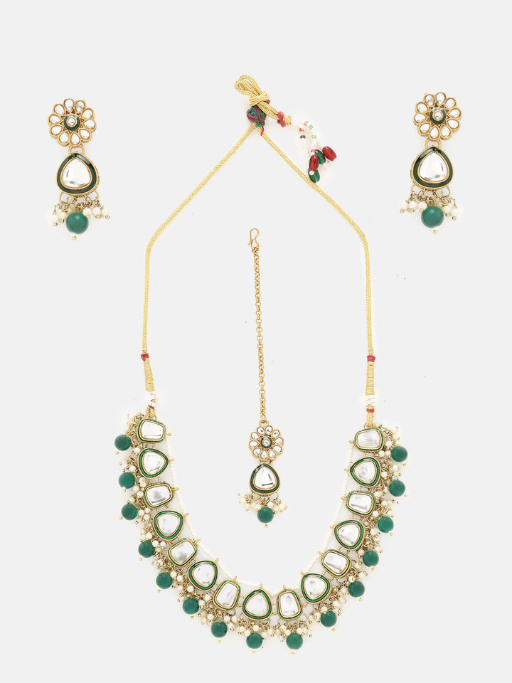 Priyaasi Green Drop Design Kundan Gold Plated Necklace Floral Drop Earrings with Maangtika