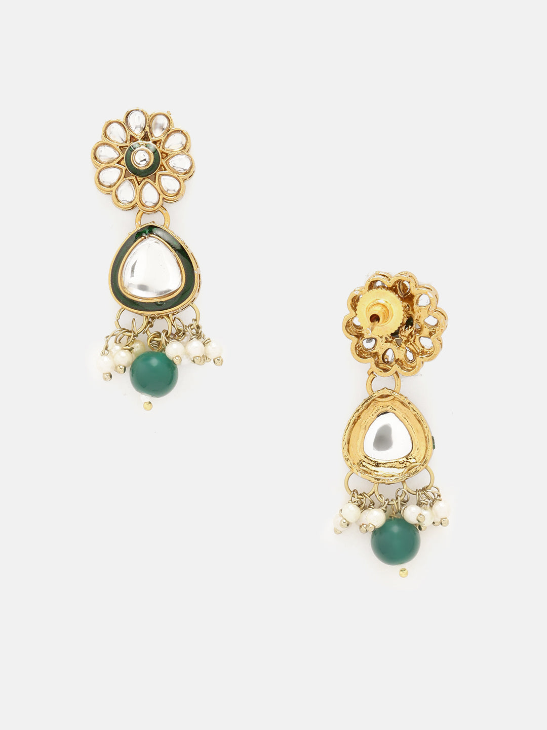 Priyaasi Green Drop Design Kundan Gold Plated Necklace Floral Drop Earrings with Maangtika