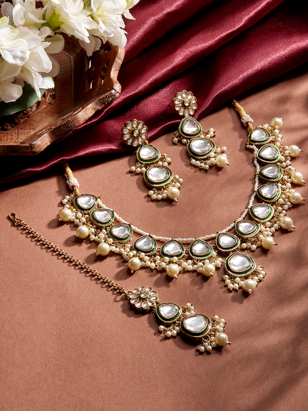 Priyaasi Green Elegance mini Pearls Kundan Necklace Floral Drop Style Earrings with Maangtika