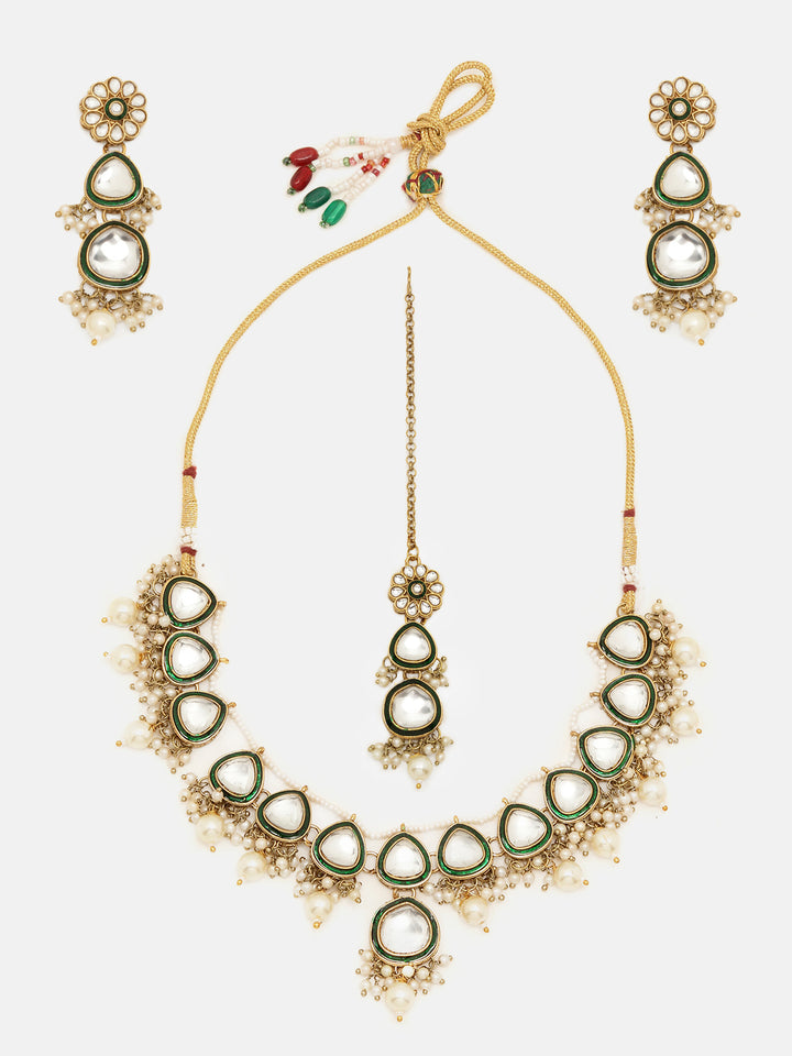 Priyaasi Green Elegance mini Pearls Kundan Necklace Floral Drop Style Earrings with Maangtika