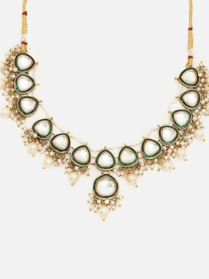 Priyaasi Green Elegance mini Pearls Kundan Necklace Floral Drop Style Earrings with Maangtika