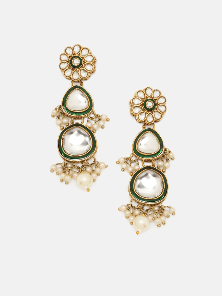 Priyaasi Green Elegance mini Pearls Kundan Necklace Floral Drop Style Earrings with Maangtika