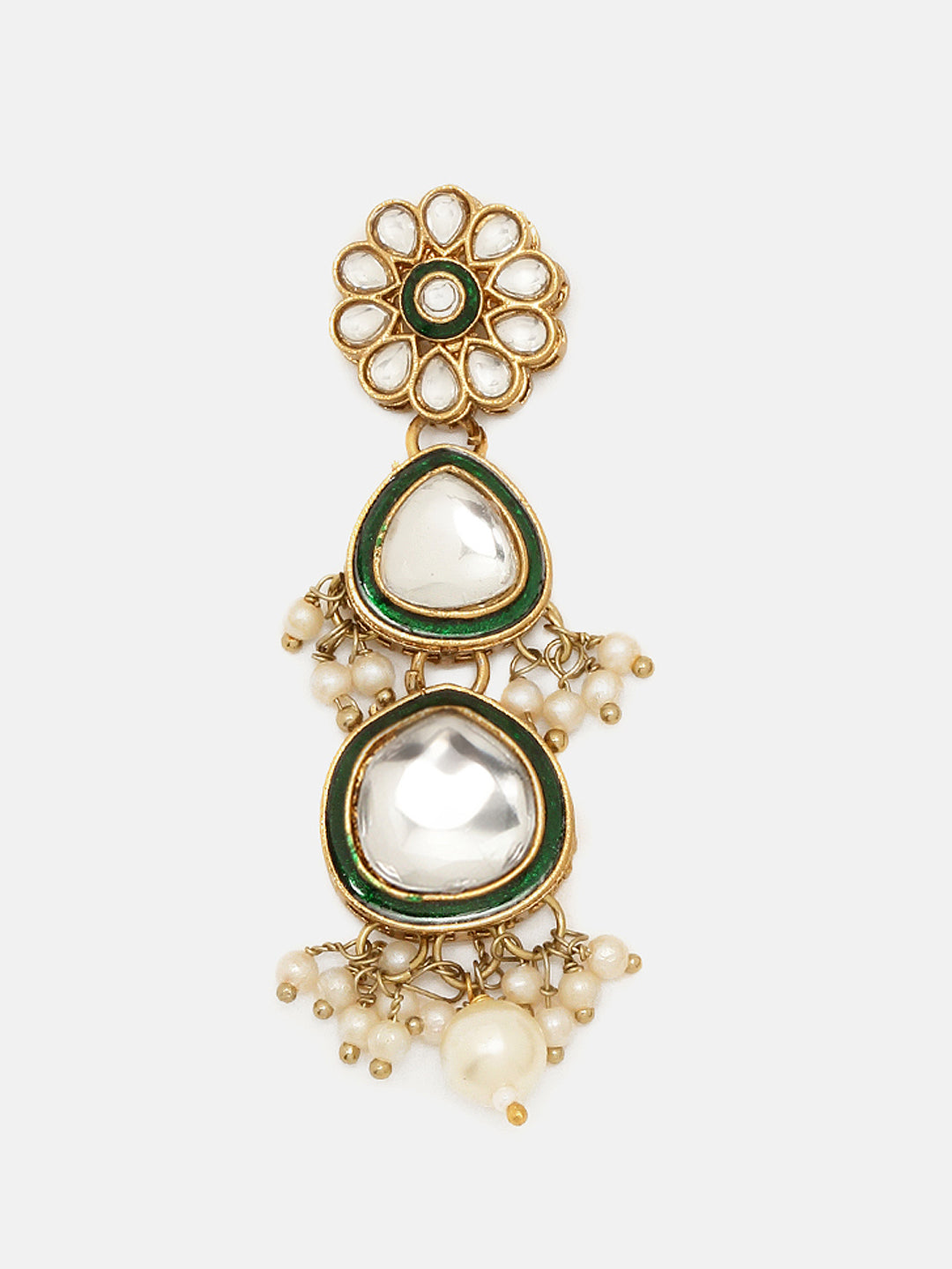 Priyaasi Green Elegance mini Pearls Kundan Necklace Floral Drop Style Earrings with Maangtika