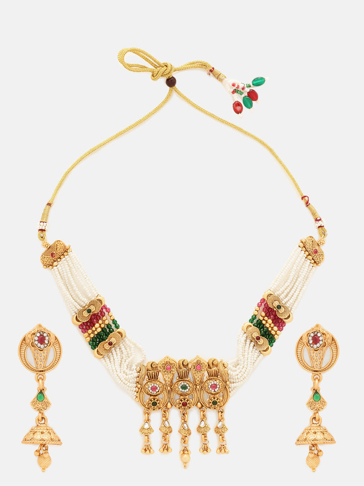 Priyaasi Temple Elegance Ruby Green Pearl Beads Necklace with Gold Plated Jhumka Earring Jewellery Set