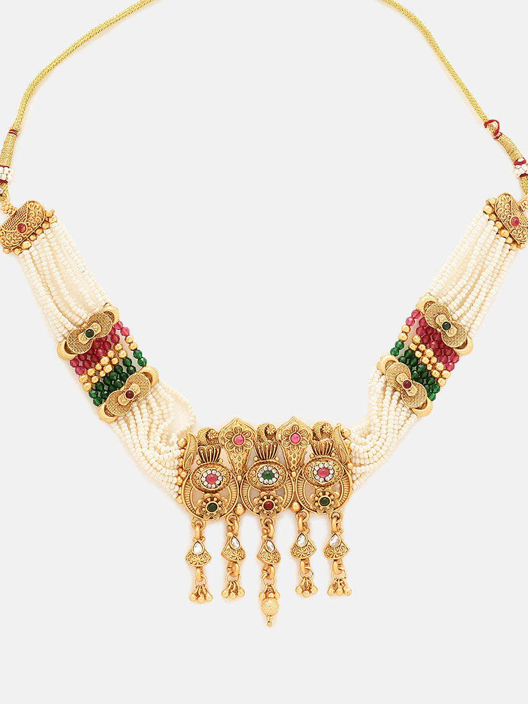 Priyaasi Temple Elegance Ruby Green Pearl Beads Necklace with Gold Plated Jhumka Earring Jewellery Set