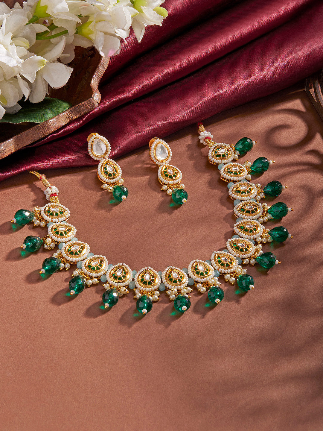 Priyaasi Green Drop Temple Elegance Necklace with Floral Drop Earrings Jewellery Set