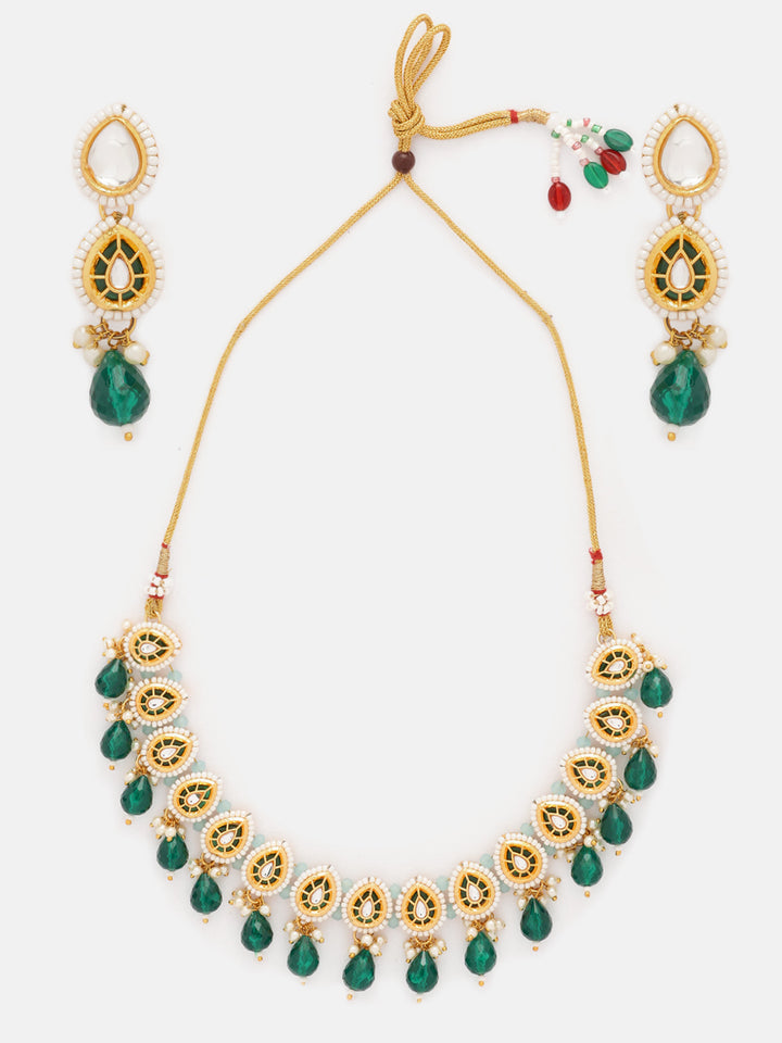 Priyaasi Green Drop Temple Elegance Necklace with Floral Drop Earrings Jewellery Set