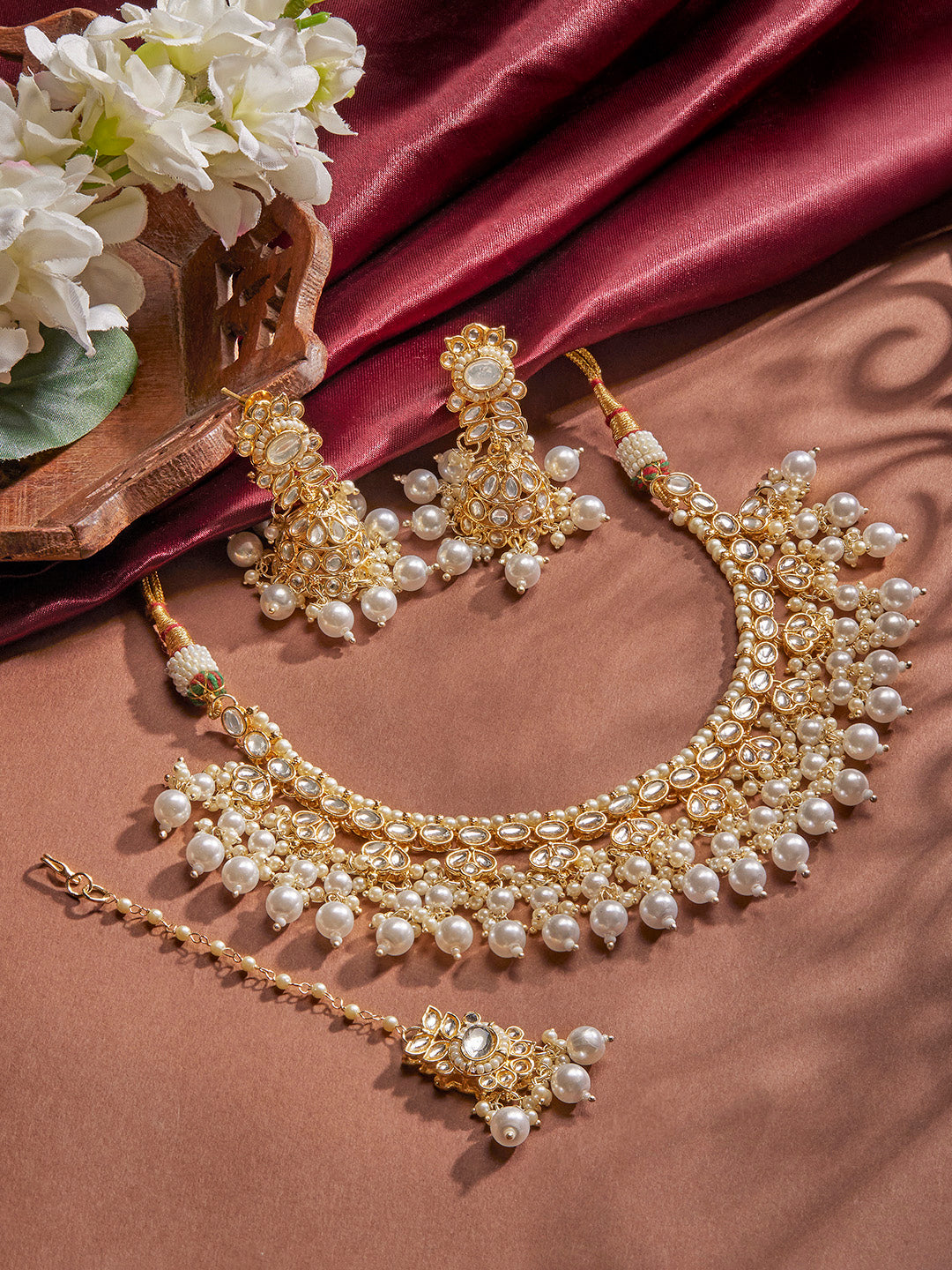 Priyaasi White Kundan Pearl Floral Design Necklace Jhumkis Earrings with maangtika Jewellery Set