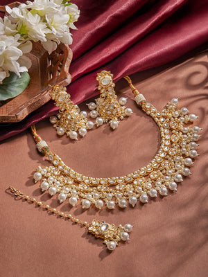 Priyaasi White Kundan Pearl Floral Design Necklace Jhumkis Earrings with maangtika Jewellery Set