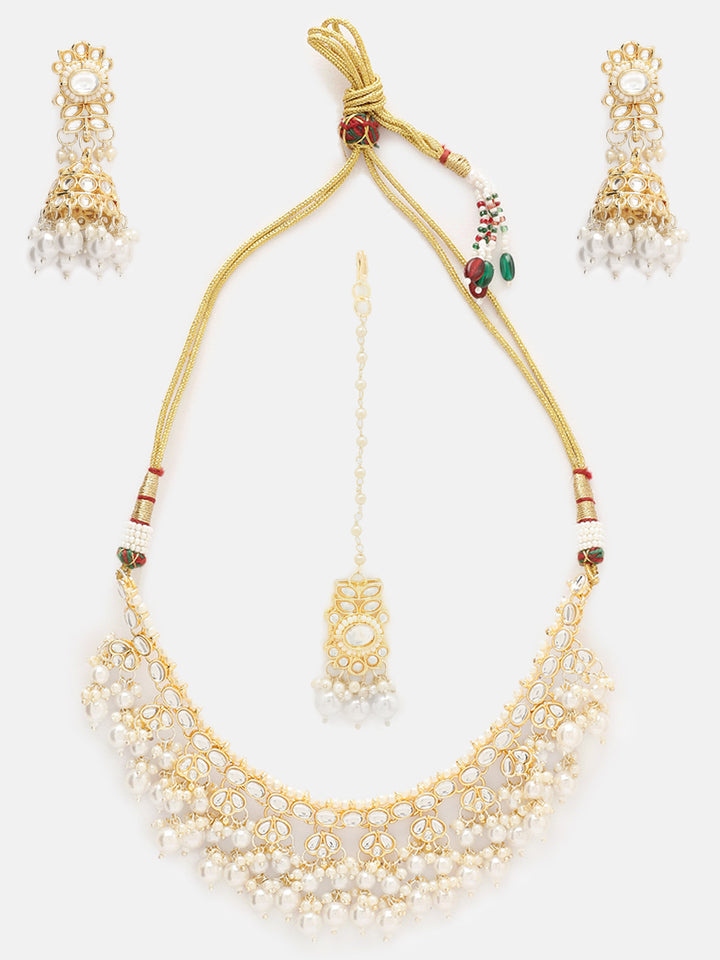 Priyaasi White Kundan Pearl Floral Design Necklace Jhumkis Earrings with maangtika Jewellery Set