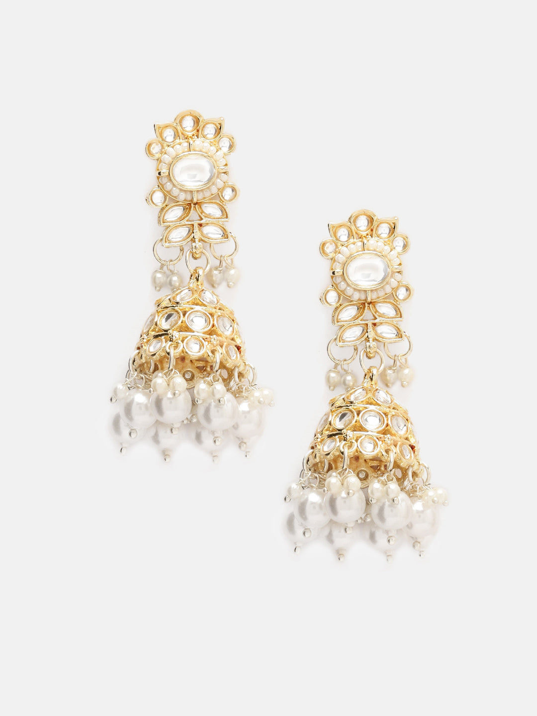 Priyaasi White Kundan Pearl Floral Design Necklace Jhumkis Earrings with maangtika Jewellery Set
