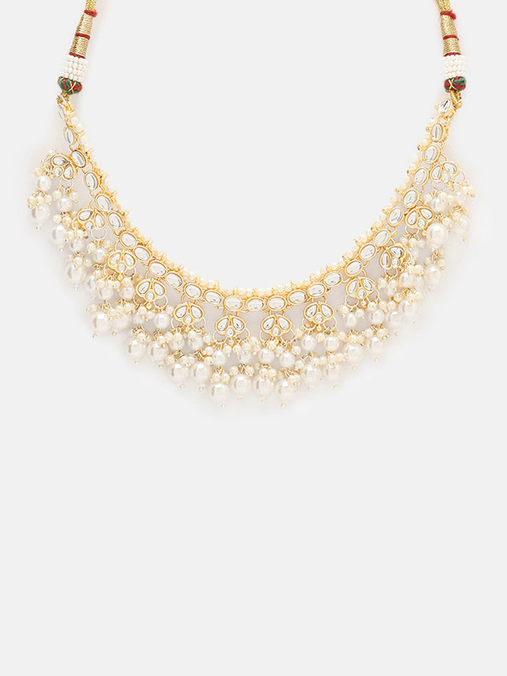 Priyaasi White Kundan Pearl Floral Design Necklace Jhumkis Earrings with maangtika Jewellery Set