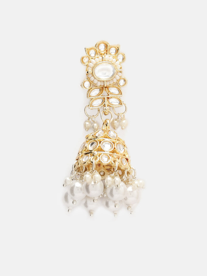 Priyaasi White Kundan Pearl Floral Design Necklace Jhumkis Earrings with maangtika Jewellery Set