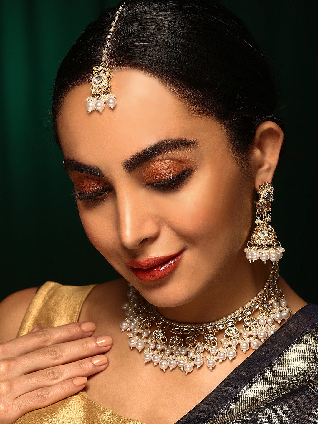 Priyaasi White Kundan Pearl Floral Design Necklace Jhumkis Earrings with maangtika Jewellery Set