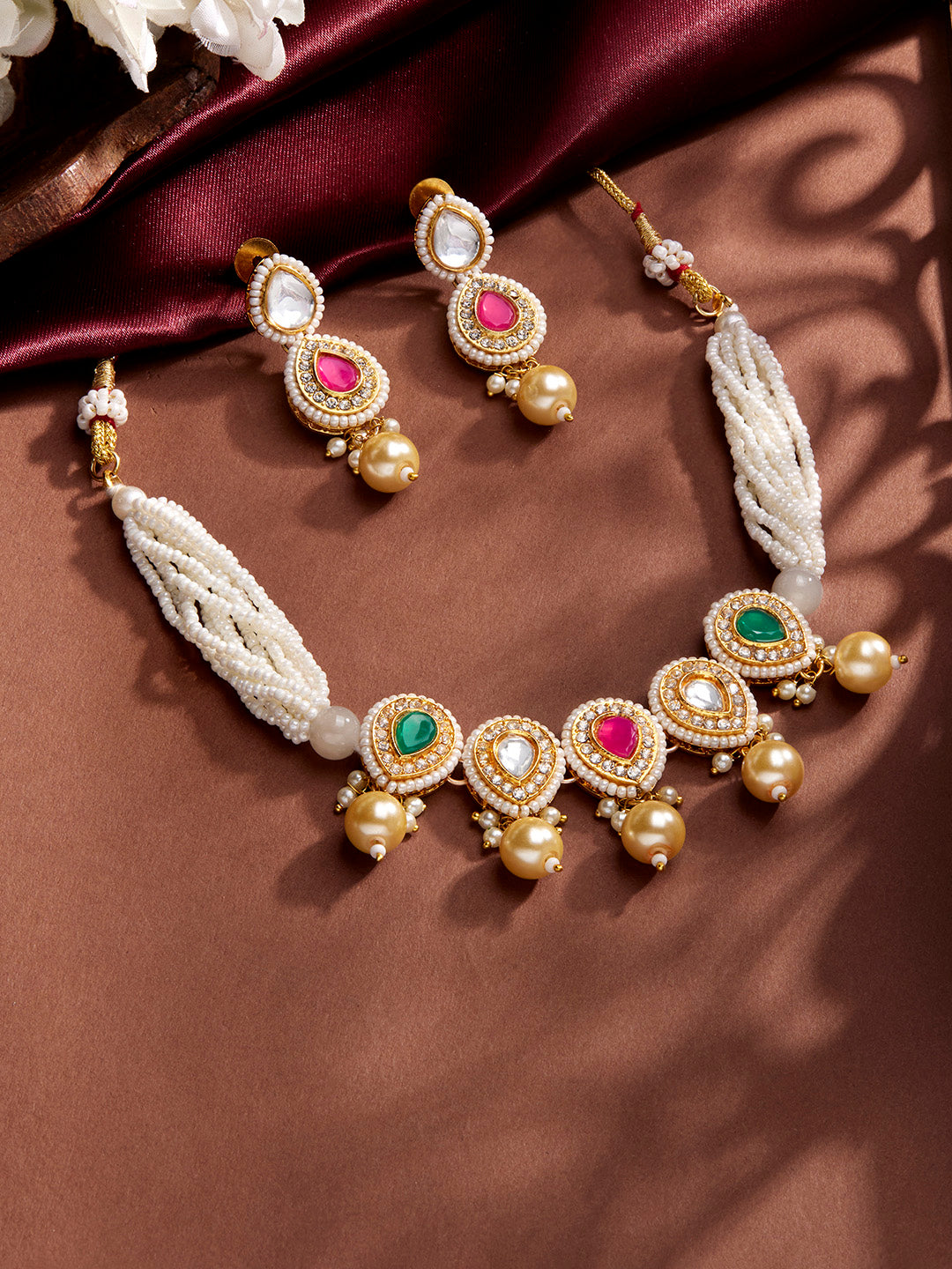 Priyaasi Multicolor Stoned Pearl GOld Plated Choker Necklace with Drop Style Earrings Jewellery Set