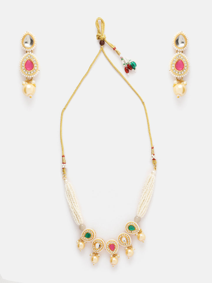 Priyaasi Multicolor Stoned Pearl GOld Plated Choker Necklace with Drop Style Earrings Jewellery Set