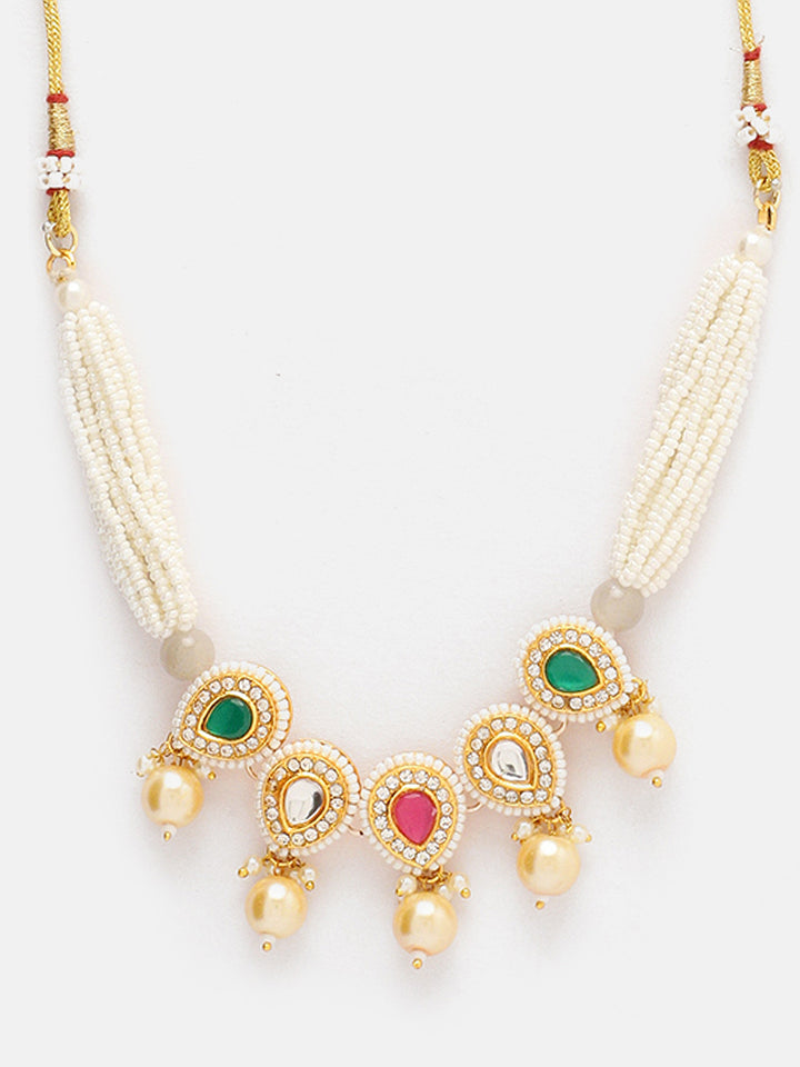 Priyaasi Multicolor Stoned Pearl GOld Plated Choker Necklace with Drop Style Earrings Jewellery Set