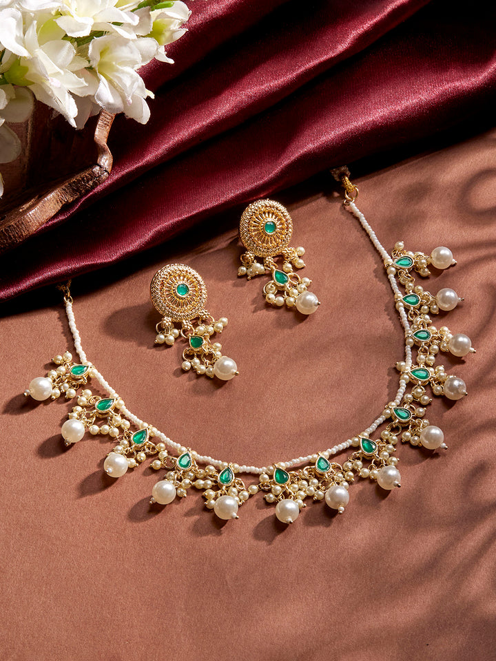 Priyaasi Plain Mini Pearl Green Design with Floral Earrings Jewellwery Set