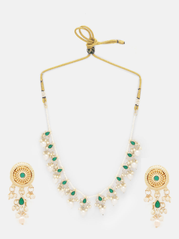 Priyaasi Plain Mini Pearl Green Design with Floral Earrings Jewellwery Set