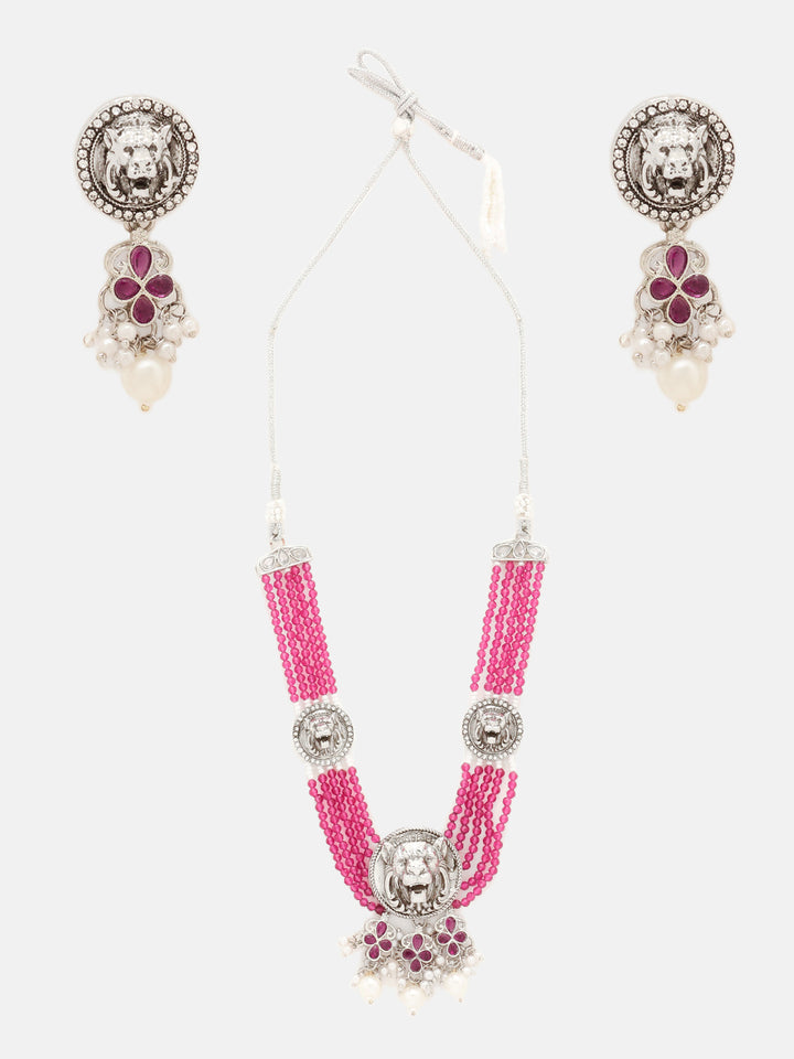 Priyaasi Oxidized Lion Face Design Beaded Necklace with Simple Drop Earring Jewellery Set