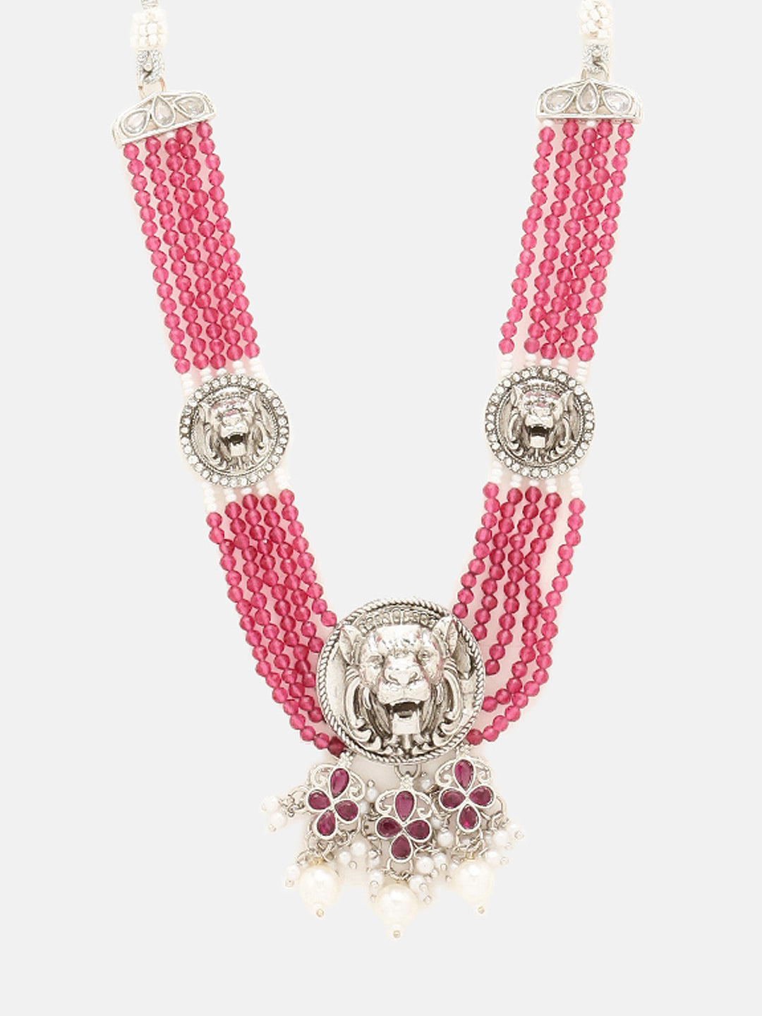 Priyaasi Oxidized Lion Face Design Beaded Necklace with Simple Drop Earring Jewellery Set