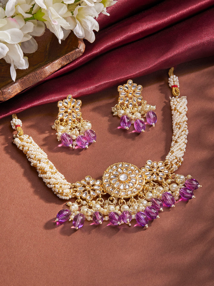 Priyaasi Purple Beads Kundan Floral Design Chocker Necklace with Simple Stud Earrings Jewellery Set