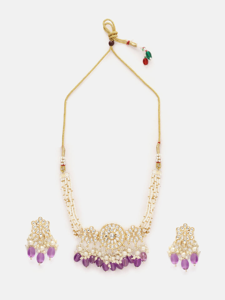 Priyaasi Purple Beads Kundan Floral Design Chocker Necklace with Simple Stud Earrings Jewellery Set