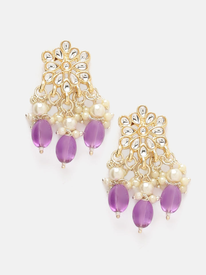 Priyaasi Purple Beads Kundan Floral Design Chocker Necklace with Simple Stud Earrings Jewellery Set
