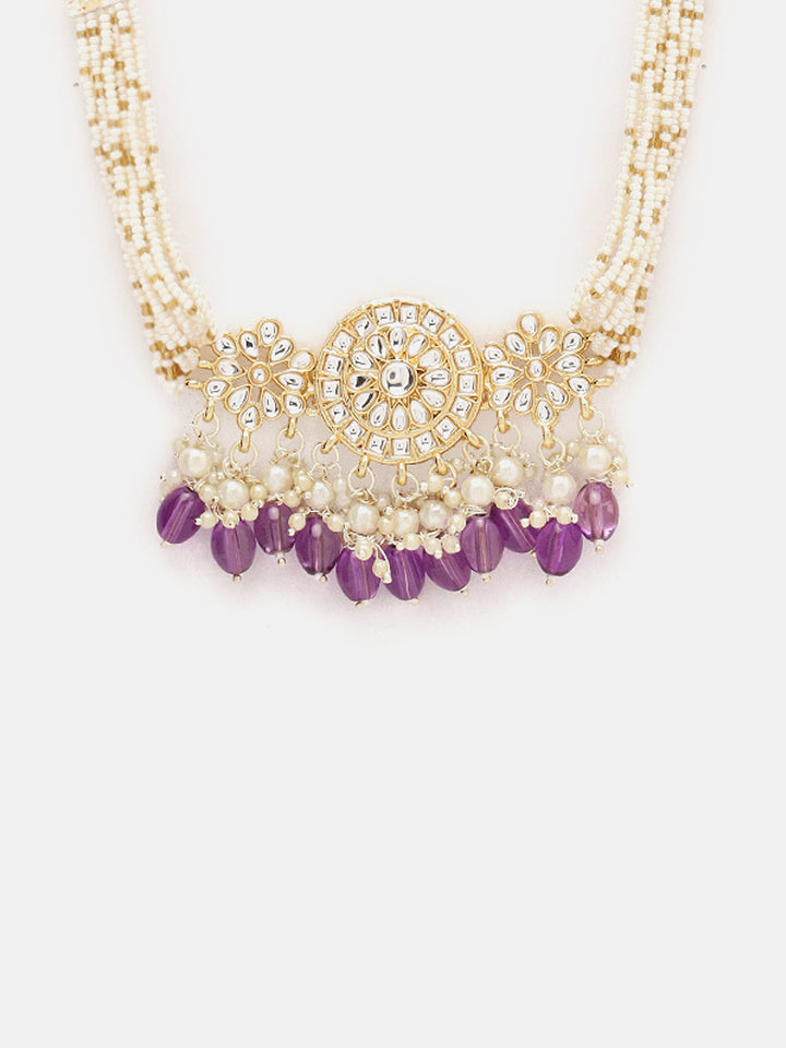 Priyaasi Purple Beads Kundan Floral Design Chocker Necklace with Simple Stud Earrings Jewellery Set
